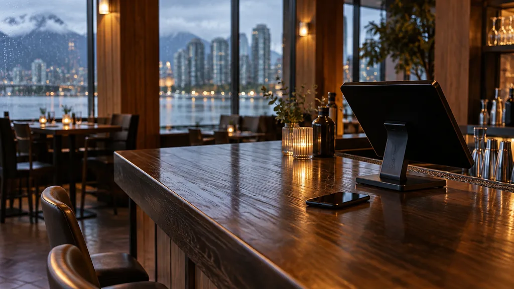 Everyday business setting for a Vancouver SMS marketing campaign: a Vancouver restaurant bar with a smartphone next to a reservation tablet stand, cedar panels and soft rainy evening light
