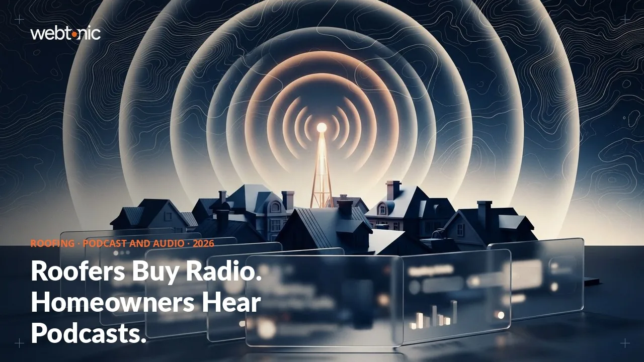 Roofing podcast and audio advertising statistics 2026 thumbnail showing 58 percent of Americans consuming a podcast monthly against 15 percent of roofers advertising on radio