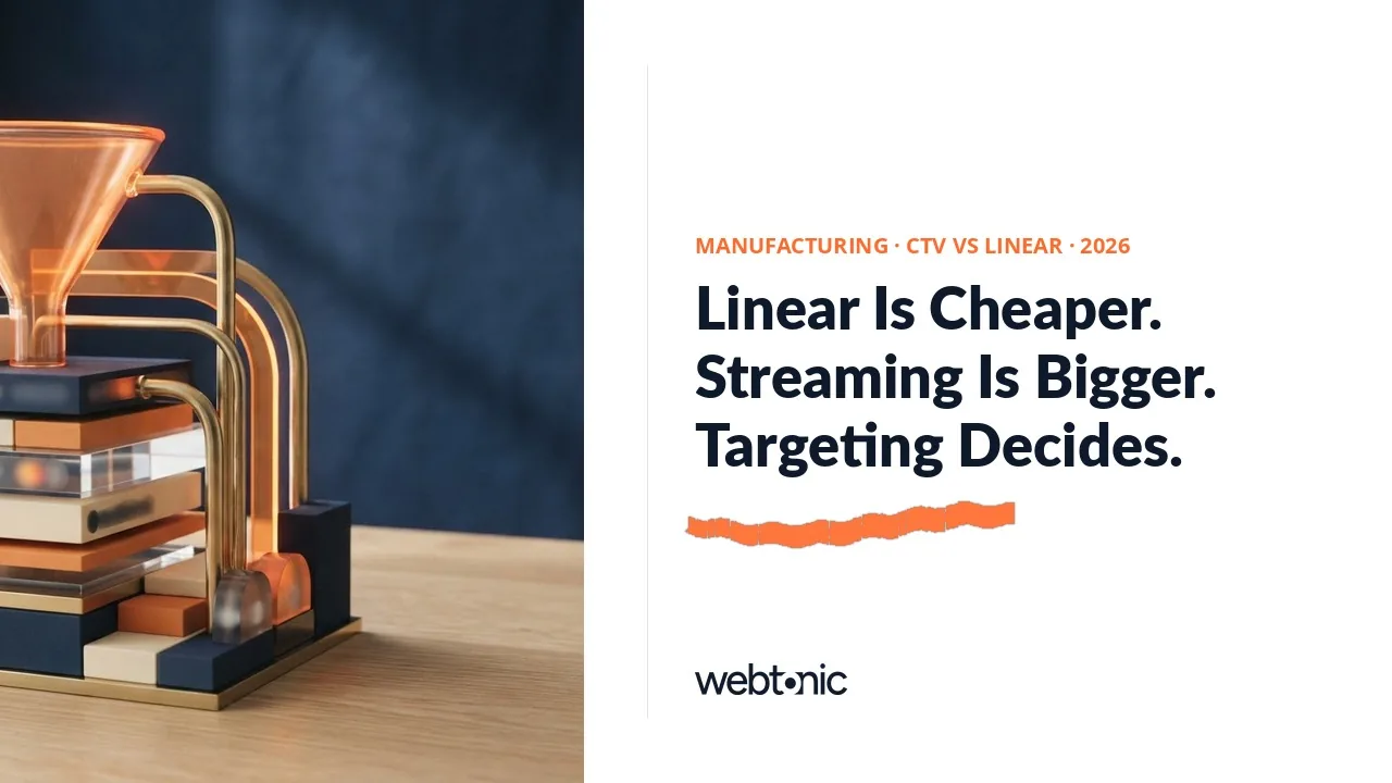 Manufacturing and industrial CTV versus linear TV statistics 2026 thumbnail showing a USD 2.50 linear CPM against USD 9.50 streaming and 49.0 percent streaming share of TV time