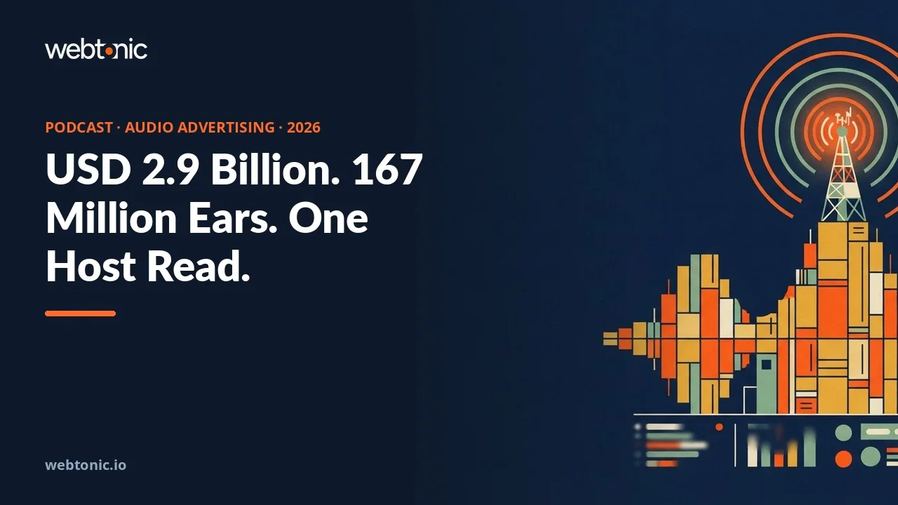 Podcast and audio advertising benchmarks 2026 thumbnail showing USD 2.9 billion of US podcast ad revenue in 2025 and 167 million monthly podcast consumers