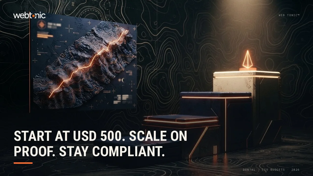 Dental connected TV advertising budgets thumbnail showing a USD 500 Roku entry point rising to USD 50,000 Amazon managed service