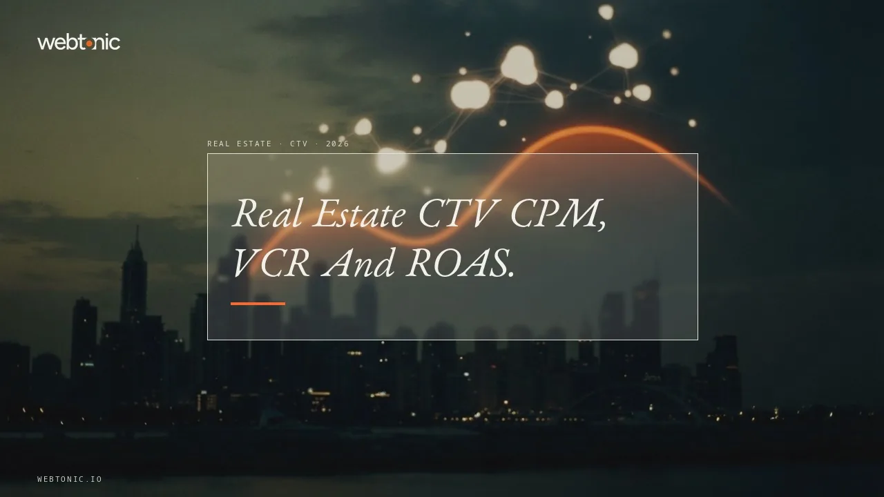 Real estate connected TV advertising benchmarks 2026 thumbnail showing a 95 percent CTV video completion rate and USD 9.50 streaming CPM