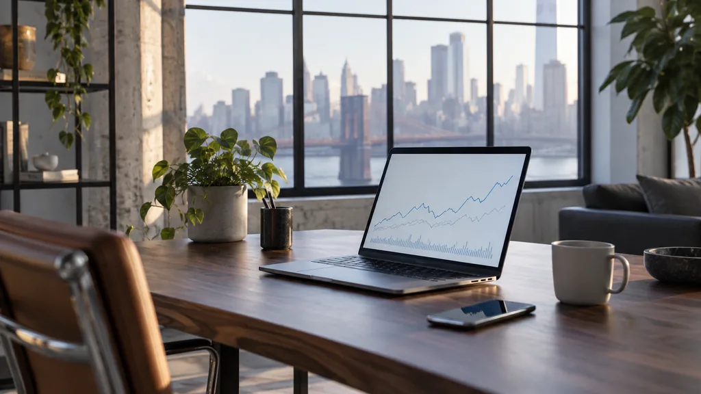 Workspace setting for a New York affiliate marketing agency: a Manhattan loft office with a large window, a laptop on a walnut desk showing abstract line charts, a smartphone, a coffee cup and cool morning light