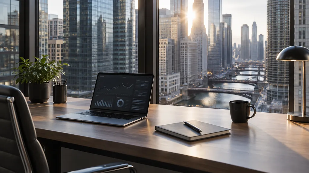 Workspace setting for a Chicago affiliate marketing agency: a Chicago high-rise office overlooking a river, a desk with a laptop showing abstract charts, a notebook and crisp winter light