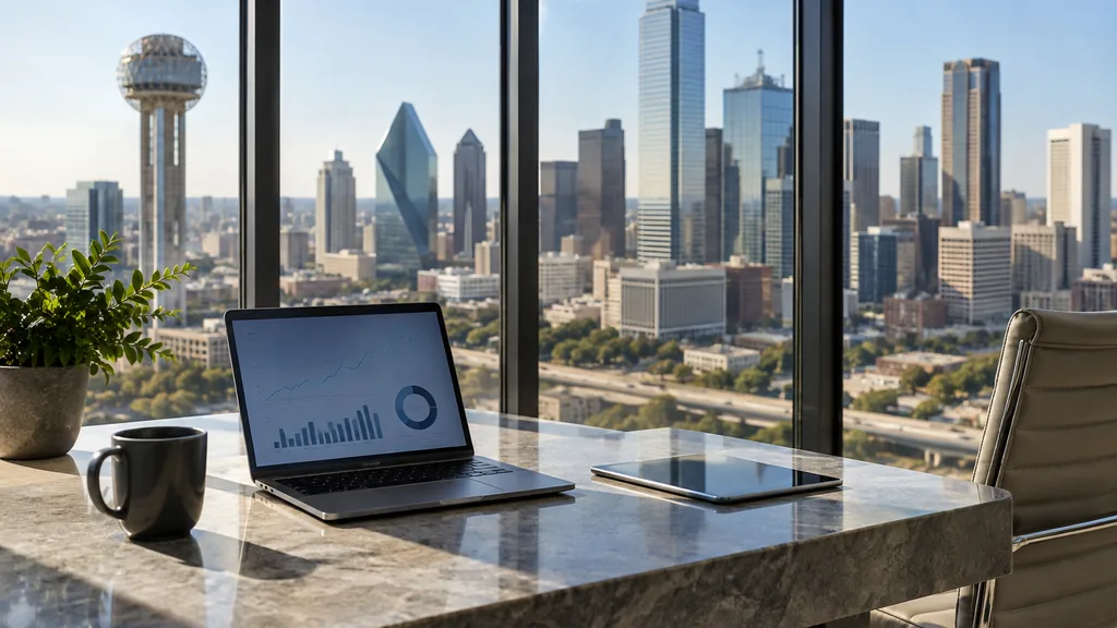 Workspace setting for a Dallas affiliate marketing agency: a modern Dallas office with floor-to-ceiling glass, a laptop showing abstract graphs on a stone desk, a tablet and bright Texas afternoon light