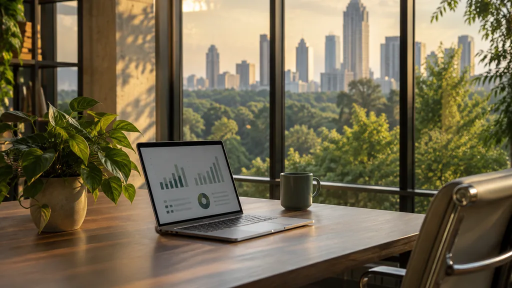 Workspace setting for a Atlanta affiliate marketing agency: a leafy Atlanta office with tall windows and green trees outside, a laptop with abstract bar charts, a plant and warm late-afternoon light