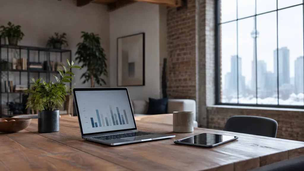 Workspace setting for a Toronto affiliate marketing agency: a Toronto studio with exposed beams, a laptop showing abstract bar charts, a tablet and soft snowy window light