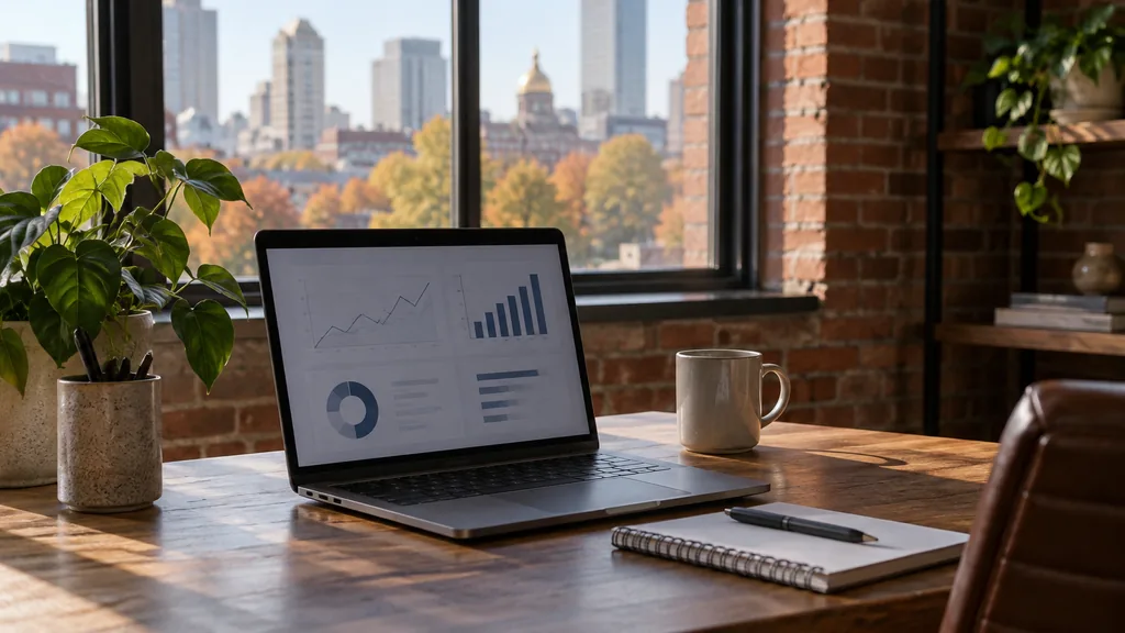 Workspace setting for a Boston affiliate marketing agency: a brick-walled Boston office with a laptop showing abstract graphs, a notebook, a mug and soft autumn daylight
