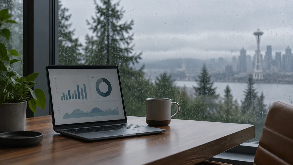 Workspace setting for a Seattle affiliate marketing agency: a Seattle office with rain on the window and evergreen trees outside, a laptop with abstract charts, a coffee cup and soft grey light