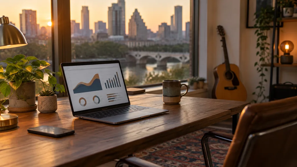 Workspace setting for a Austin affiliate marketing agency: an Austin creative office with a wooden desk, a laptop showing abstract charts, a guitar leaning on a wall in the background and warm evening light