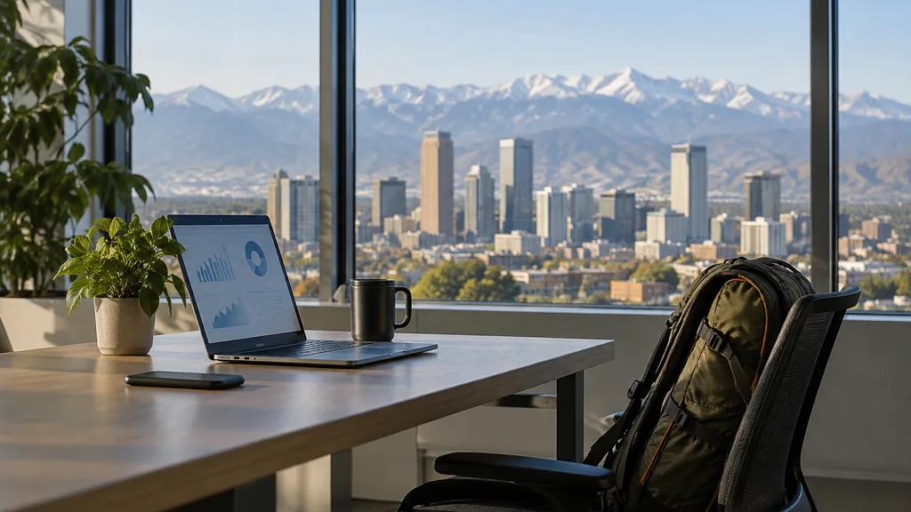 Workspace setting for a Denver affiliate marketing agency: a Denver office with large windows and distant mountains, a laptop showing abstract charts, a hiking backpack on a chair and clear alpine light