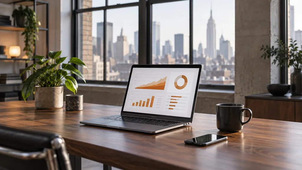 Workspace setting for a New York Reddit ads agency: a Manhattan loft office with tall windows, a laptop showing abstract orange and white charts, a smartphone and a coffee cup on a walnut desk, cool morning light
