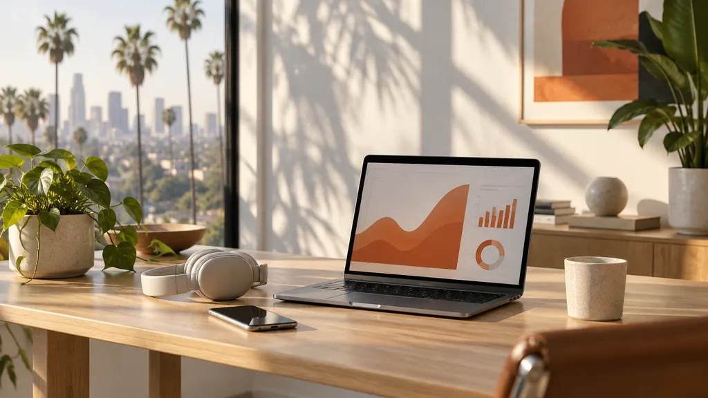 Workspace setting for a Los Angeles Reddit ads agency: a sunlit Los Angeles creative studio with palm shadows on a white wall, a laptop with abstract orange graphs, headphones and a smartphone on a light oak desk