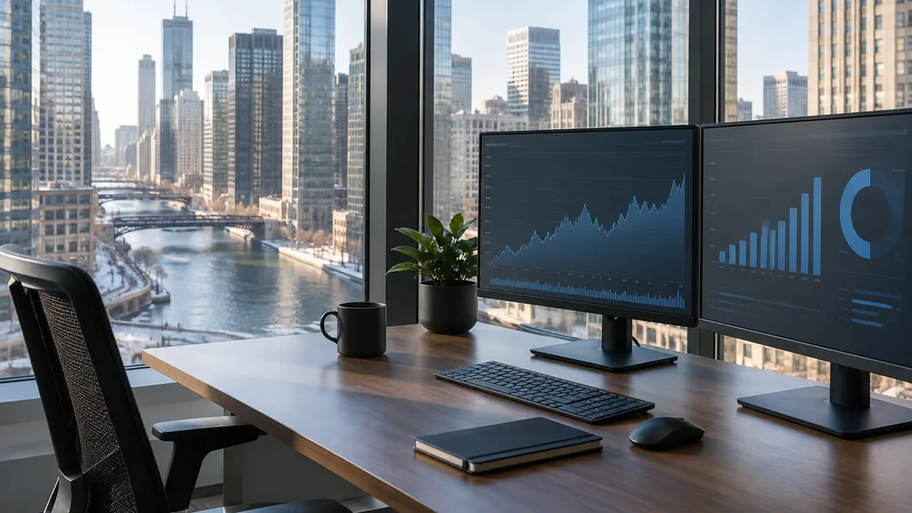 Workspace setting for a Chicago Reddit ads agency: a Chicago high-rise office overlooking a river, a desk with two monitors showing abstract charts, a notebook and a mug, crisp winter light