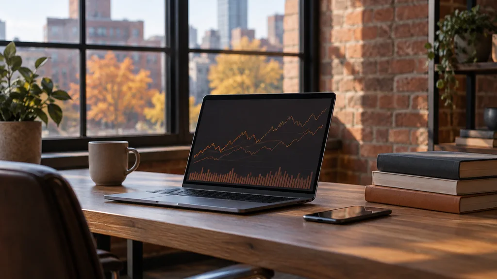 Workspace setting for a Boston Reddit ads agency: a brick-walled Boston office with a laptop showing abstract orange line graphs, a smartphone and a stack of books, soft autumn daylight