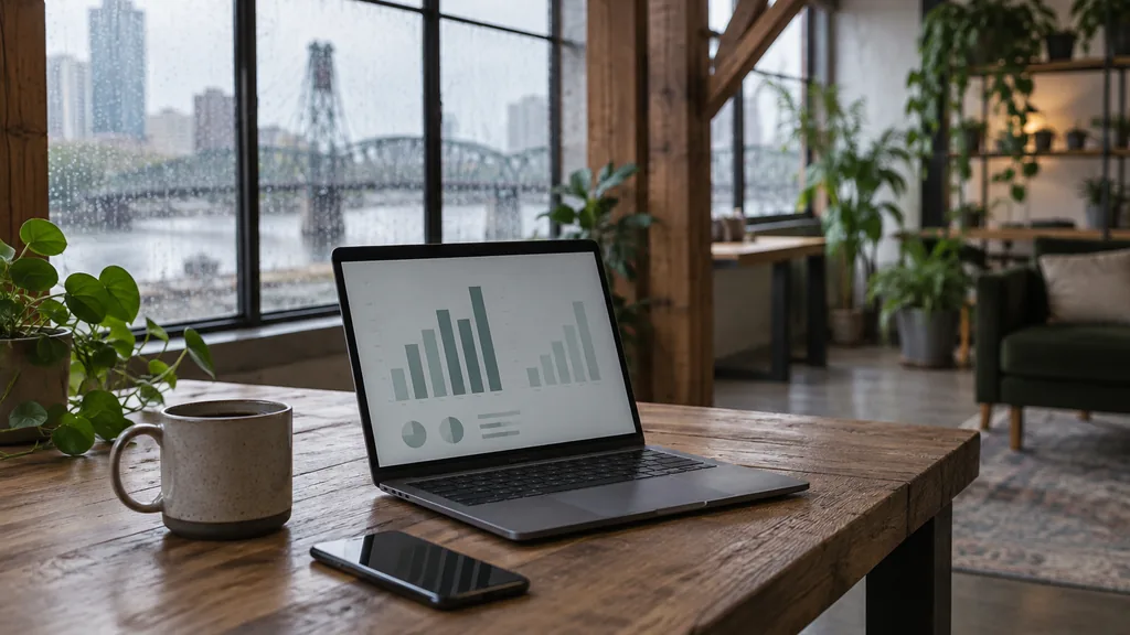 Workspace setting for a Portland Reddit ads agency: a Portland studio with wooden beams and green plants, a laptop with abstract bar charts, a smartphone and a ceramic coffee cup, rainy window light