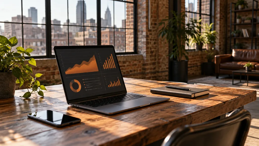 Workspace setting for a Detroit Reddit ads agency: a converted Detroit warehouse office with exposed brick, a laptop showing abstract orange dashboards, a smartphone and a notebook, warm afternoon light