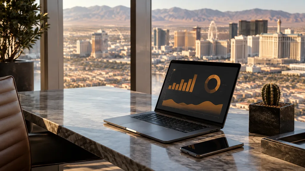 Workspace setting for a Las Vegas Reddit ads agency: a modern Las Vegas office with desert light through tall glass, a laptop with abstract orange charts, a smartphone and a small cactus on a stone desk