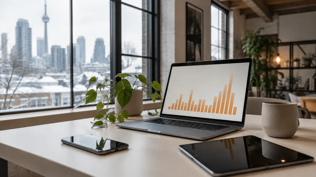 Workspace setting for a Toronto Reddit ads agency: a Toronto studio with exposed beams, a laptop showing abstract orange bar charts, a smartphone and a tablet on a pale desk, snowy window light