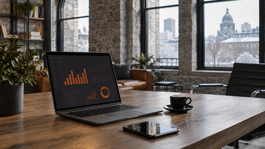 Workspace setting for a Montreal Reddit ads agency: a Montreal loft office with arched windows and grey stone, a laptop with abstract orange graphs, a smartphone and an espresso cup, soft winter light