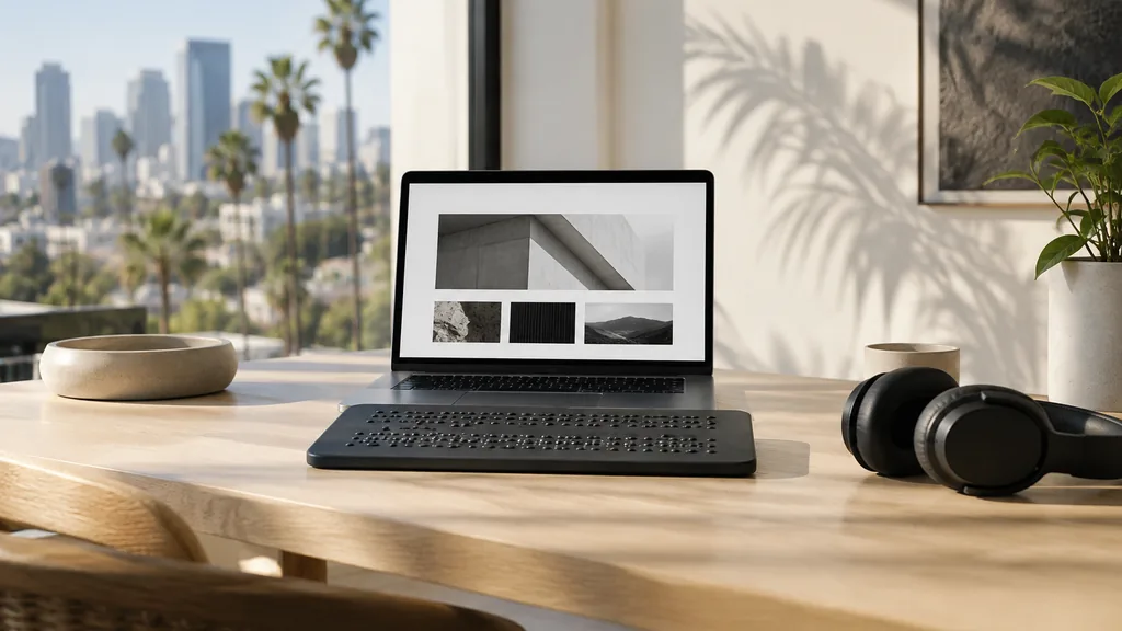 Workspace setting for a Los Angeles website accessibility agency: a bright Los Angeles studio with a laptop showing a high-contrast website layout, a braille keyboard overlay and headphones on a white oak desk, palm shadows on the wall