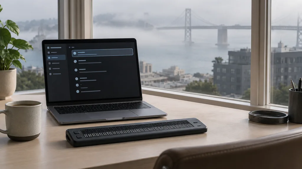 Workspace setting for a San Francisco website accessibility agency: a San Francisco office with bay windows, a laptop showing a clean high-contrast interface, a refreshable braille display and a coffee cup on a light desk, foggy morning light