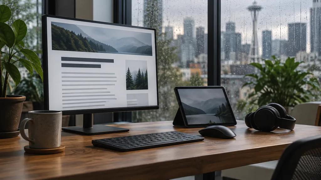 Workspace setting for a Seattle website accessibility agency: a Seattle workspace with rain on tall windows, a monitor showing a large-text accessible web page, noise-cancelling headphones and a tablet on a wooden desk