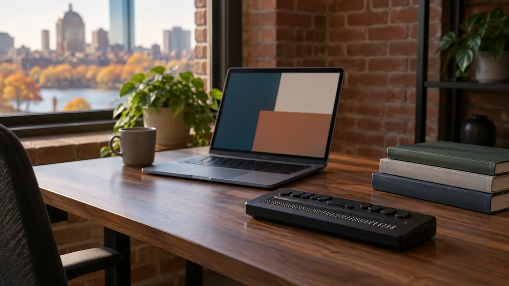 Workspace setting for a Boston website accessibility agency: a brick-walled Boston office, a laptop whose screen shows only abstract colored blocks, a braille display and a stack of books on a walnut desk, soft autumn light