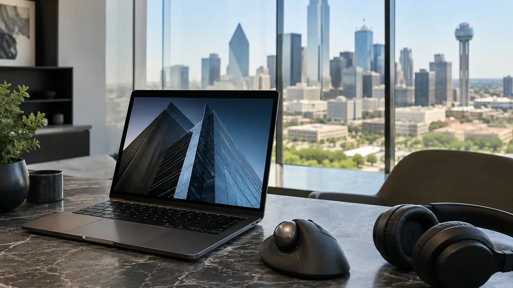Workspace setting for a Dallas website accessibility agency: a modern Dallas office with floor-to-ceiling glass, a laptop showing a high-contrast website, an adaptive trackball mouse and headphones on a stone desk