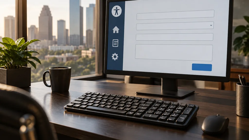 Workspace setting for a Houston website accessibility agency: a Houston office with warm afternoon light, a monitor showing an accessible form layout, a keyboard with large keys and a coffee cup on a dark desk