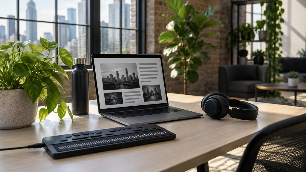 Workspace setting for a Atlanta website accessibility agency: an Atlanta loft office with green plants, a laptop showing a high-contrast web page, a refreshable braille display and headphones on a pale wooden desk