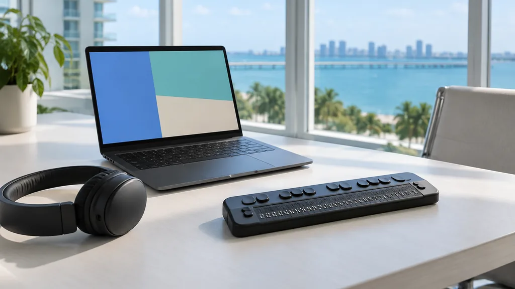 Workspace setting for a Miami website accessibility agency: a Miami office with white walls and ocean light, a laptop whose screen shows only abstract colored blocks, headphones and a braille display on a light desk