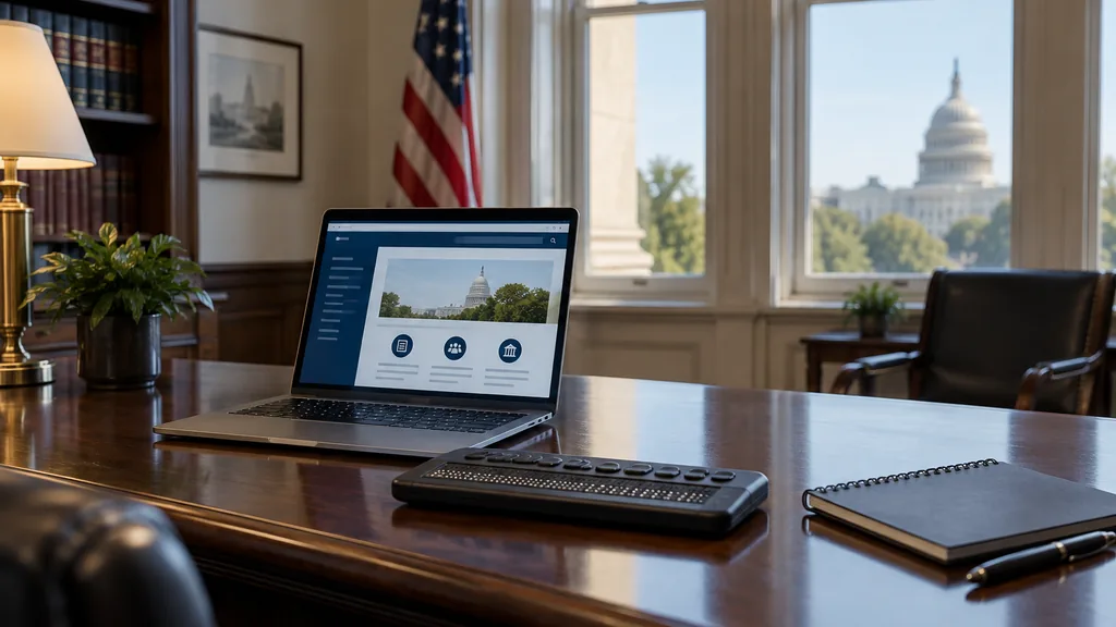 Workspace setting for a Washington, DC website accessibility agency: a Washington DC office with classic tall windows, a laptop showing an accessible government-style web page, a braille display and a notebook on a mahogany desk