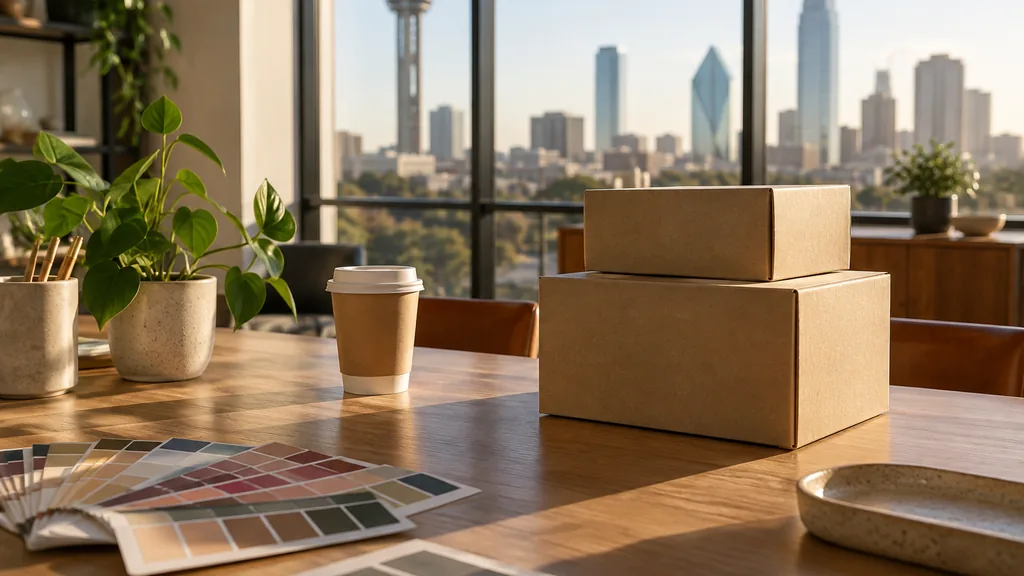 Workspace setting for a Dallas packaging design agency: a Dallas design studio table with blank unbranded kraft boxes, a paper coffee cup, colour swatches and warm Texas afternoon light through tall windows