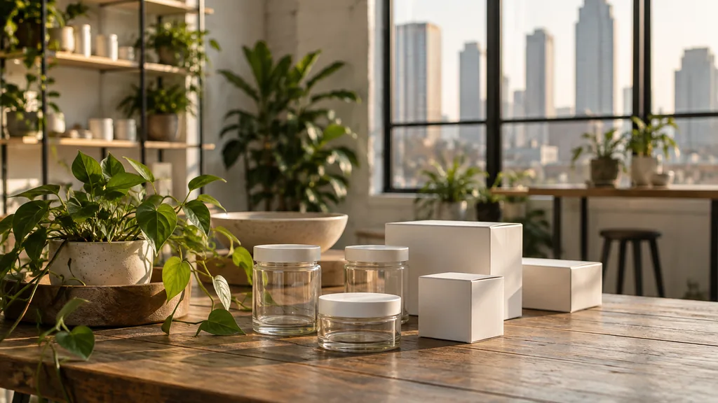 Workspace setting for a Atlanta packaging design agency: an Atlanta design studio with plain unlabelled glass jars, white cartons and green plants on a wooden table in soft late-afternoon light