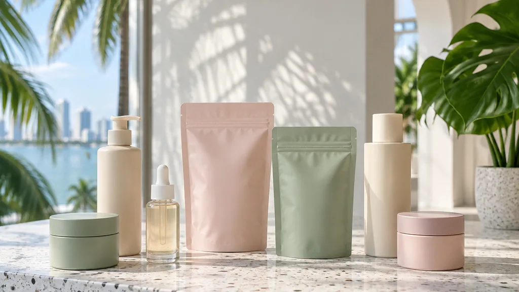 Workspace setting for a Miami packaging design agency: a bright Miami studio with white walls, blank pastel pouches and bottles on a terrazzo counter and strong tropical light