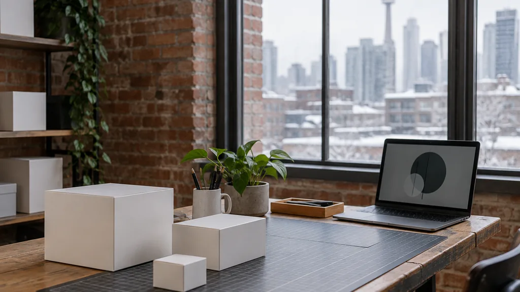Workspace setting for a Toronto packaging design agency: a Toronto brick-walled studio with blank white boxes, a cutting mat and a laptop showing abstract shapes in soft snowy window light