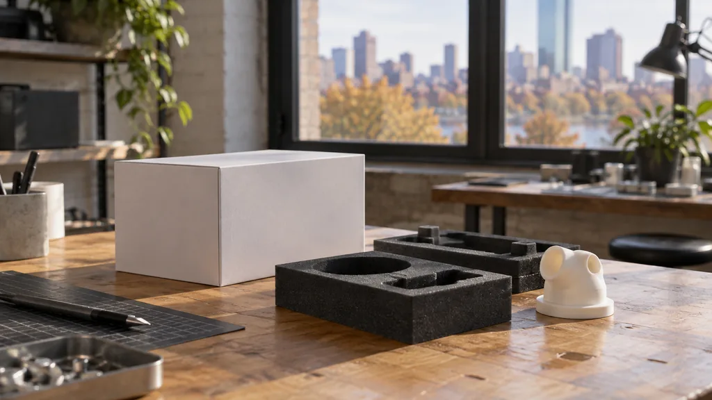 Workspace setting for a Boston packaging design agency: a Boston studio workbench with a blank white product box, foam inserts, a 3D printed prototype and soft autumn daylight