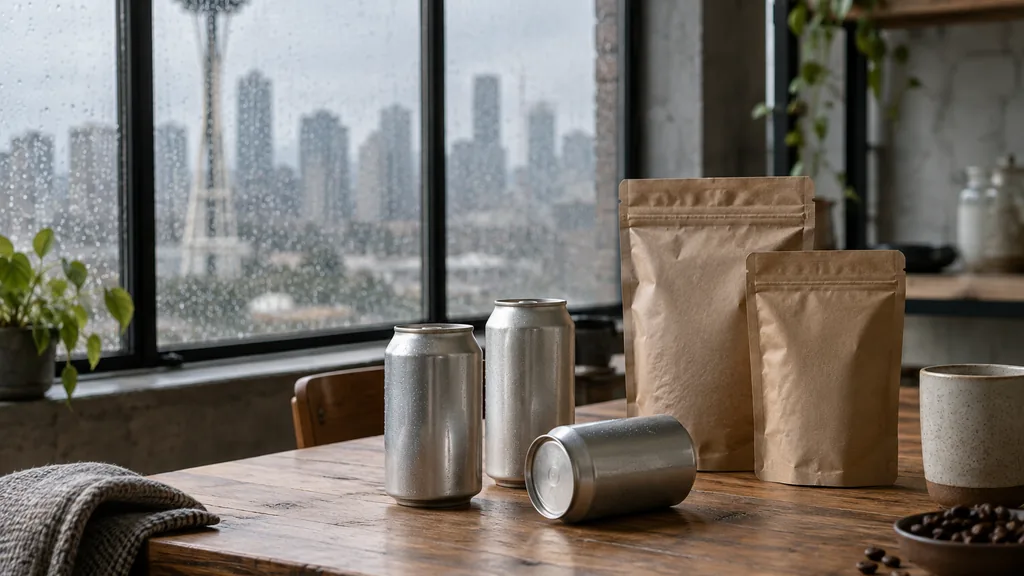Workspace setting for a Seattle packaging design agency: a Seattle studio with rain on the window, blank aluminium cans and kraft coffee bags on a wood table and soft grey light