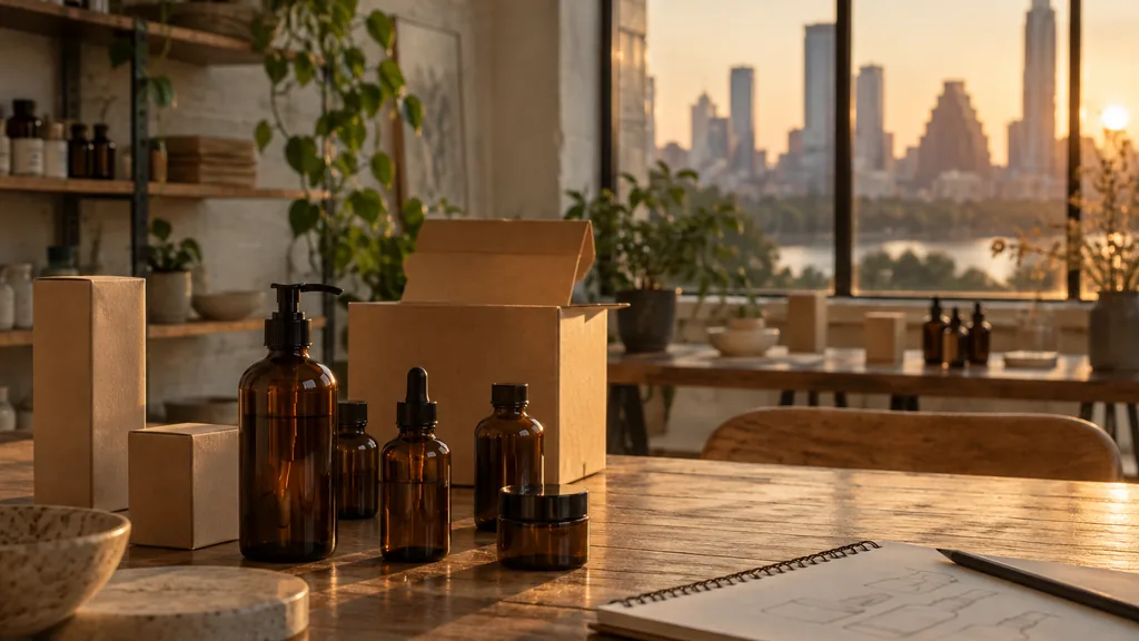 Workspace setting for a Austin packaging design agency: an Austin creative studio with blank amber bottles, plain cartons and a sketchbook on a wooden table in warm evening light