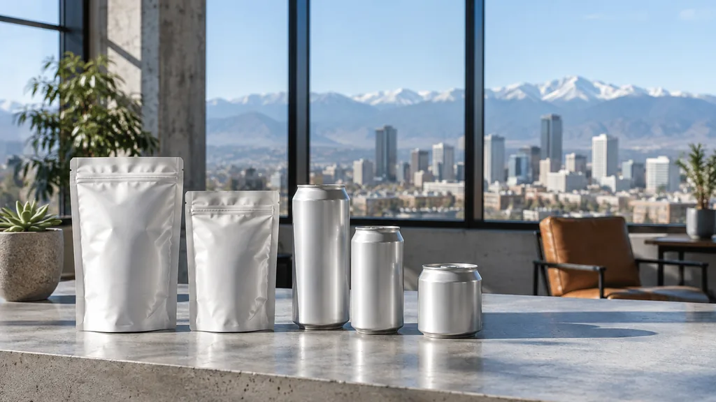 Workspace setting for a Denver packaging design agency: a Denver studio with large windows and distant mountains, blank cans and pouches on a concrete table and clear alpine light