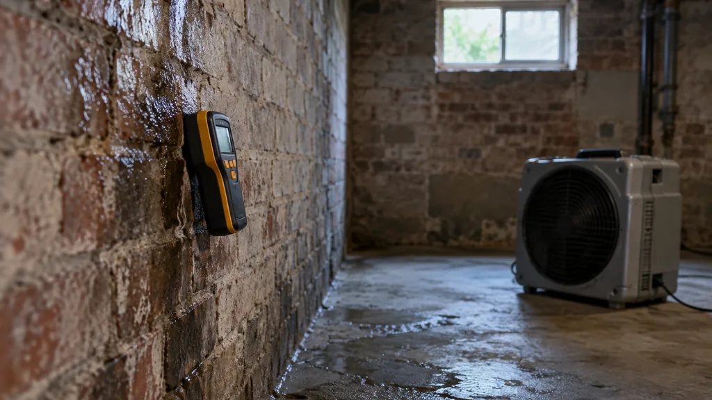 Mold remediation job site: a prewar apartment basement with a moisture meter pressed to a damp brick wall, a HEPA air scrubber and soft light from a small window
