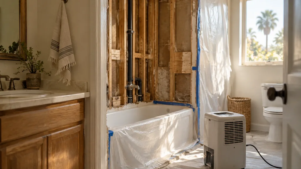Mold remediation job site: a mid-century home bathroom with an opened drywall section, plastic containment sheeting and a dehumidifier in warm Southern California light
