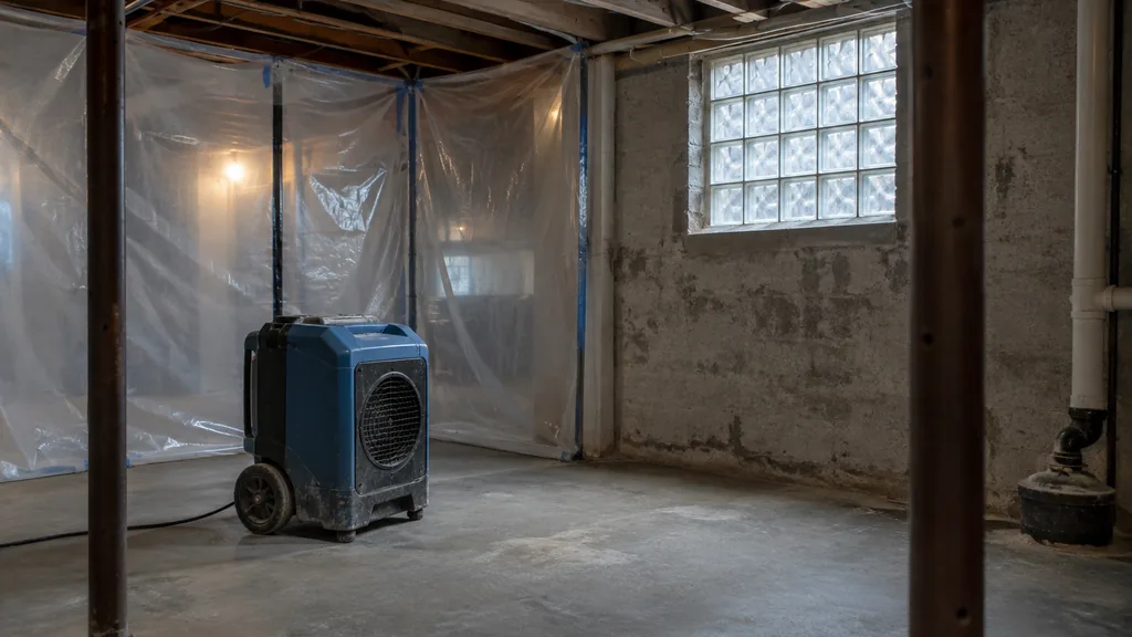 Mold remediation job site: an unfinished Chicago basement with plastic containment walls, an air scrubber and cool grey light from a glass-block window