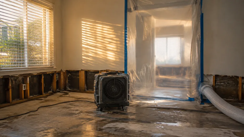 Mold remediation job site: a humid ground-floor room with baseboards removed, a HEPA air scrubber and plastic containment, golden light through blinds