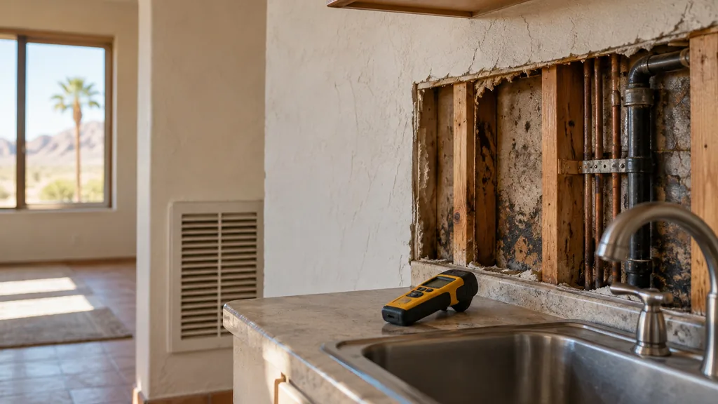 Mold remediation job site: a stucco home interior with an evaporative cooler vent, an opened wall behind a sink and a moisture meter, bright desert light