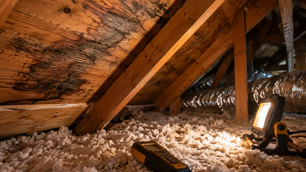 Mold remediation job site: a suburban Texas attic with a stained roof deck, a moisture meter and a work lamp casting warm light