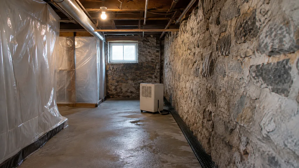 Mold remediation job site: a rowhouse basement with fieldstone walls, plastic containment sheeting and a dehumidifier under a bare bulb