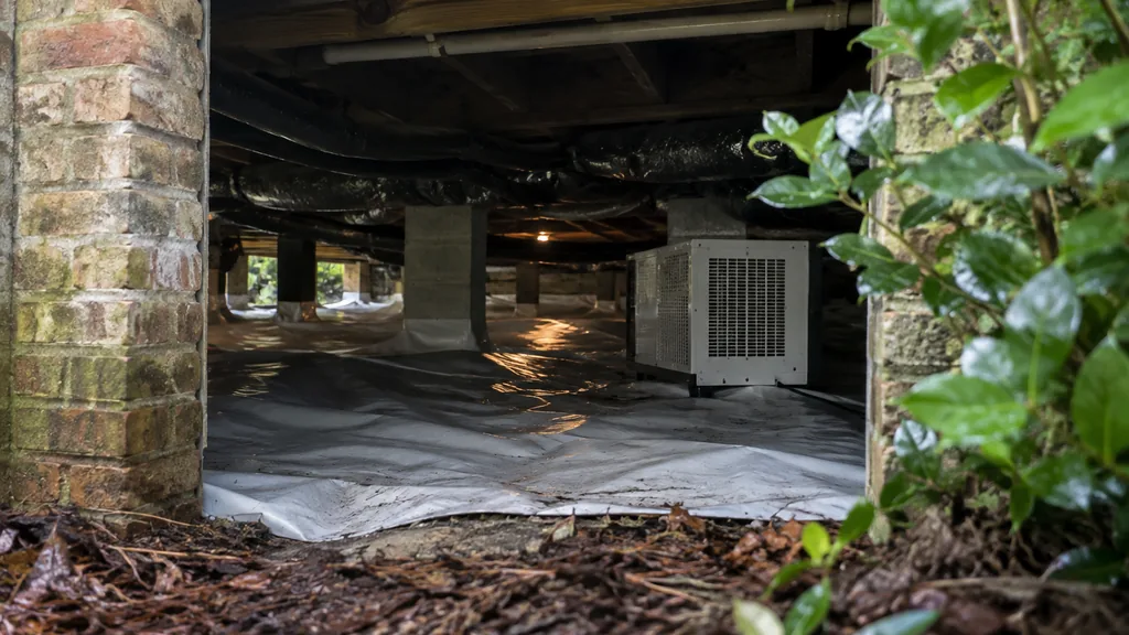 Mold remediation job site: a crawlspace entrance under a Southern home with a vapor barrier, a dehumidifier and humid green light outside