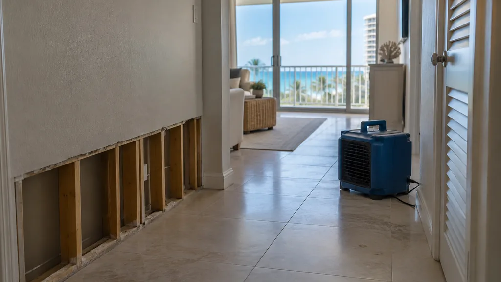 Mold remediation job site: a tiled condo hallway with a cut-away drywall panel, an air scrubber and bright humid coastal light through a balcony door